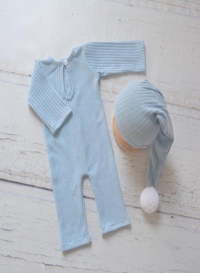 Vedory Newborn Baby Photo Shoot Props Girl Boy Crochet Knit Hat Costume Stripe Hat Pants Overalls Photography Props (Baby blue) - Image 5